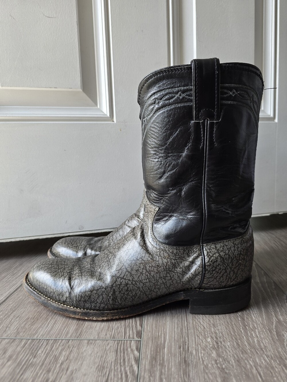 Justin Roper Boots Mens 8.5 D Gray Crackle Leather Black Western Cowboy USA Made